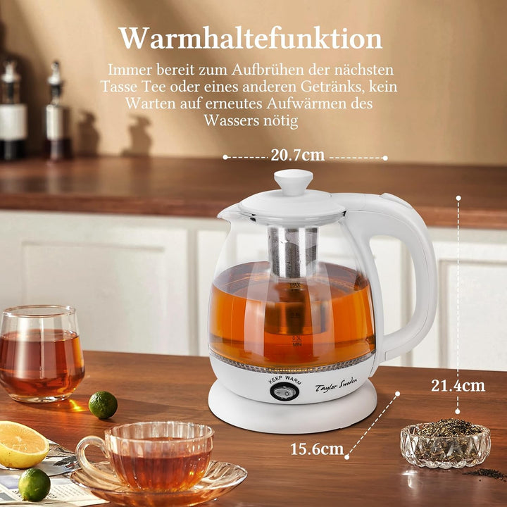 Taylor Swoden Wasserkocher Glas 1 Liter, 2200 W, Elektrischer Wasserkocher mit LED-Beleuchtung, BPA-