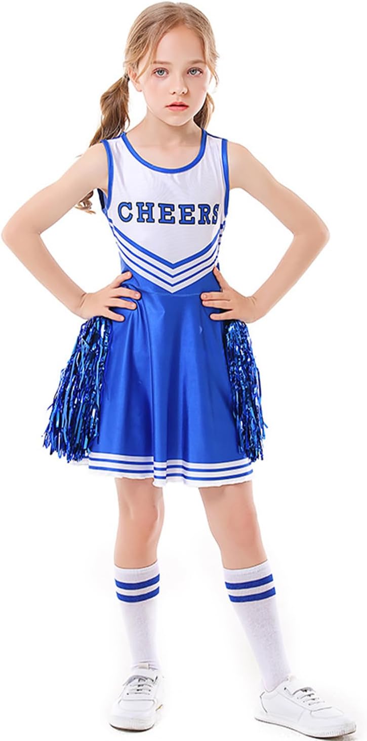 LOLANTA Cheerleader Kostüm Kinder, Cheerleadering Outfit Mädchen mit Pompons(11-12 Jahre,Blau,Tag S/