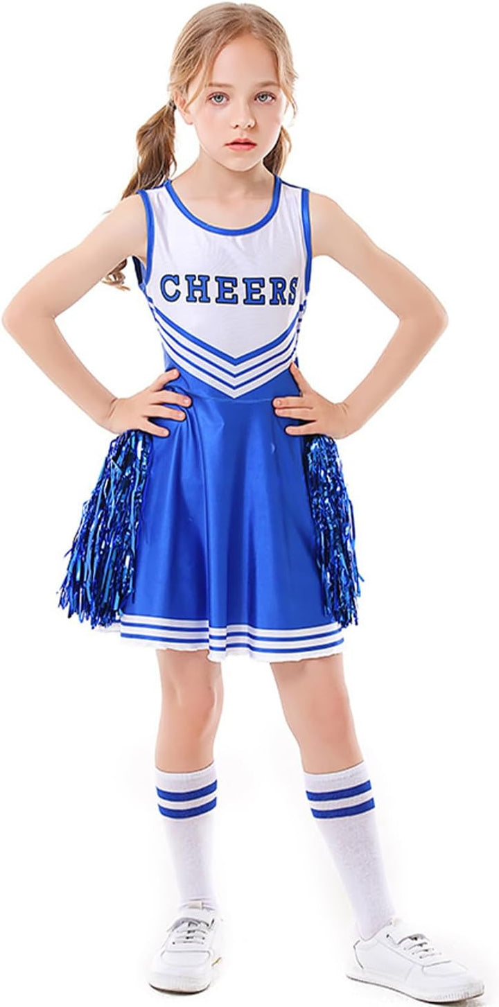 LOLANTA Cheerleader Kostüm Kinder, Cheerleadering Outfit Mädchen mit Pompons(11-12 Jahre,Blau,Tag S/
