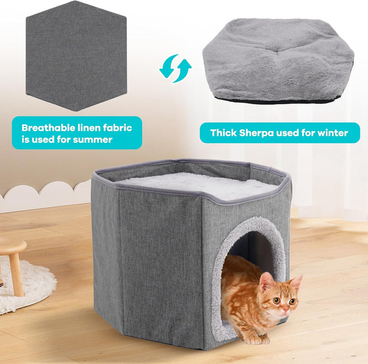 Faltbares Katzenhaus Indoor grosse Katzen, Grosse Katzenhöhle mit Kratzbrett, 2 Schicht Katzenbetten