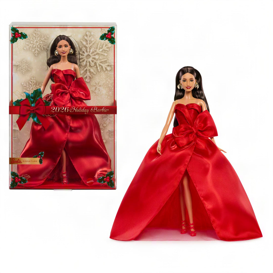 Barbie Signature Puppe, Holiday 2026, braunhaarige Modepuppe | mit Schleifenkleid in Rot, saisonale
