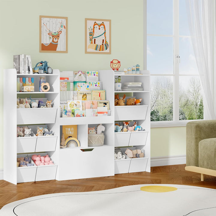 HEXCELEN Kinderregal mit Zeitungsständer, Bücherregal Kinder mit Boxen auf Rollen, Kinder mit 10 Sto