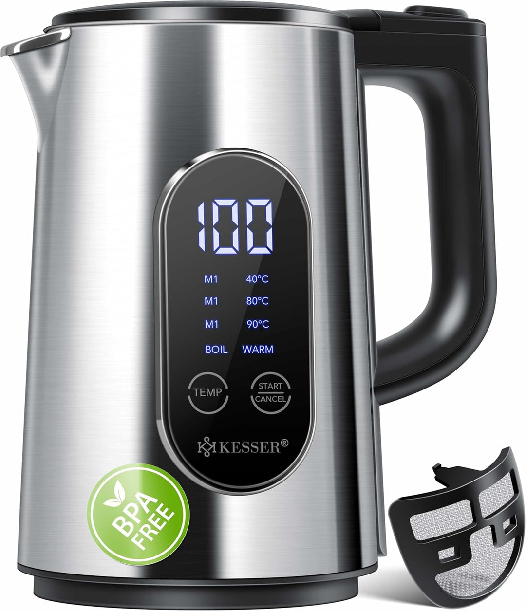 KESSER® Wasserkocher Edelstahl 1.5 Liter | LED-Anzeige | 4-Modi Temperatureinstellung 40°C-100°C | 3