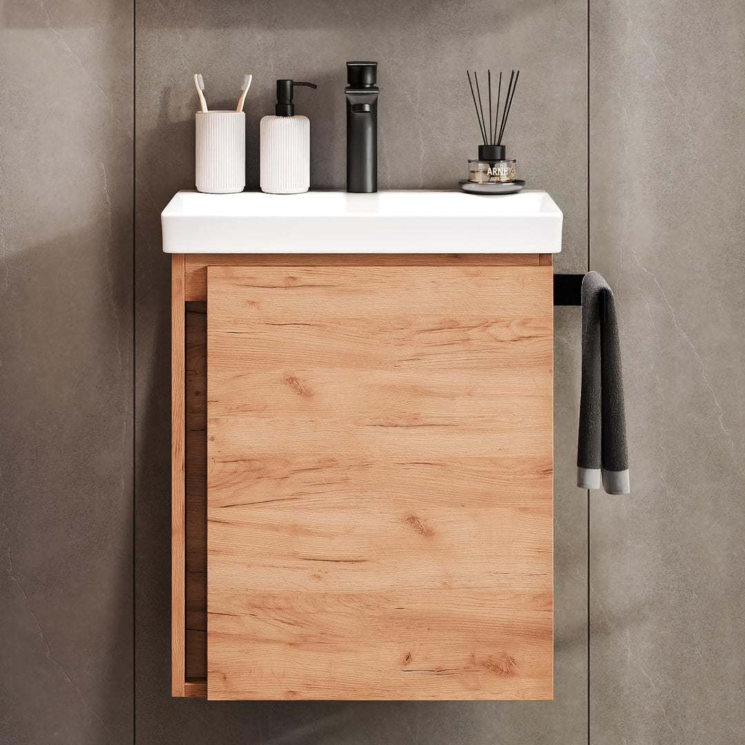 Planetmöbel Waschtischunterschrank 50 cm Gold Eiche mit Armatur Schwarz mit Wasserhahn Schwarz matt