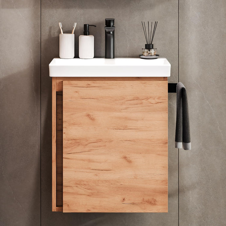 Planetmöbel Waschtischunterschrank 50 cm Gold Eiche mit Armatur Schwarz mit Wasserhahn Schwarz matt