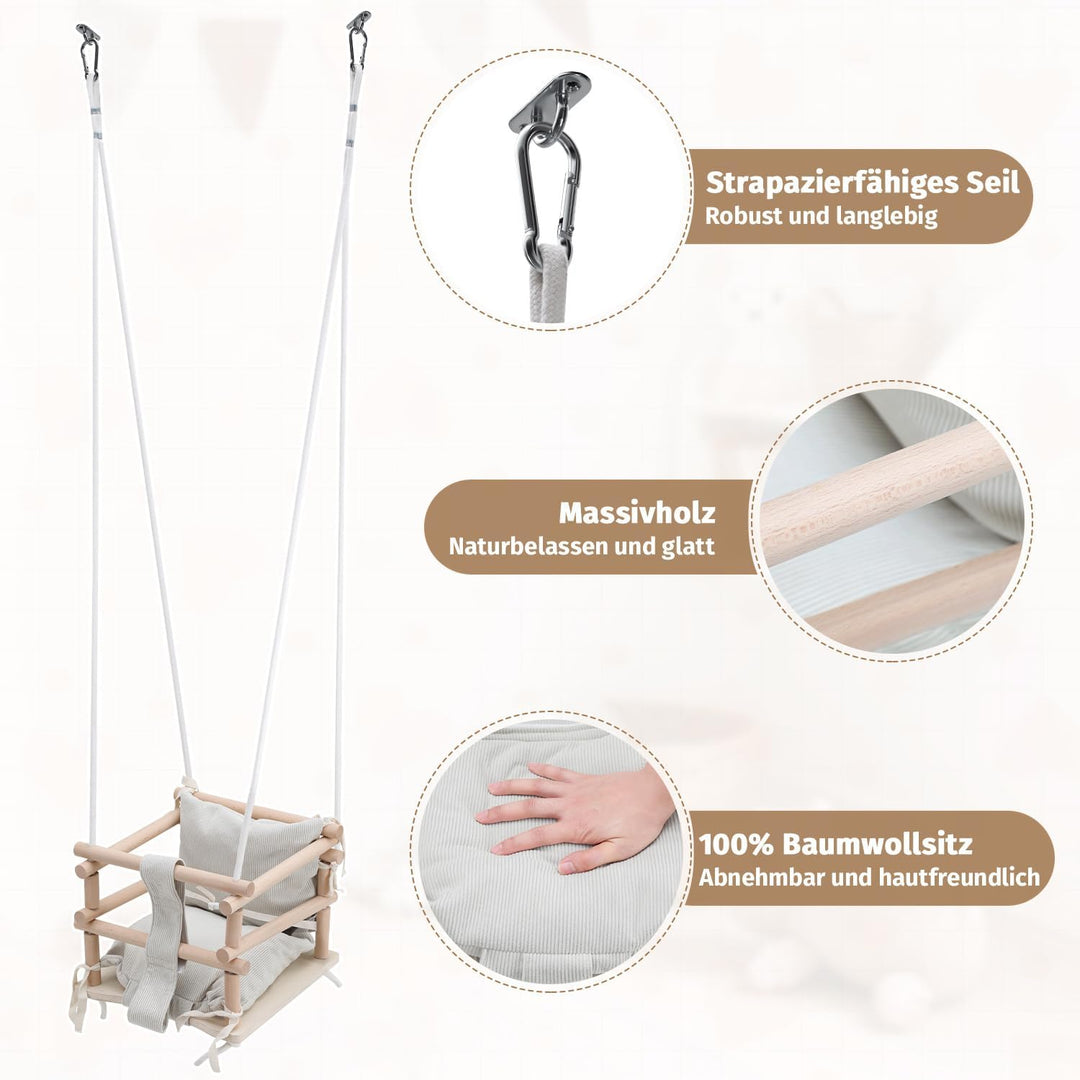 Babyschaukel Indoor &amp; Kinderschaukel Outdoor 3-in-1 aus Holz, Höhenverstellbar (160-260cm) mit Abneh