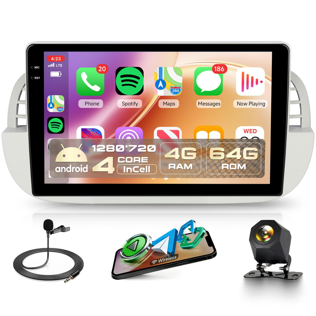 Rimoody 4G+64G Android Autoradio für FIAT 500 2007-2015 Wireless Carplay Android Auto 9 Zoll Incell