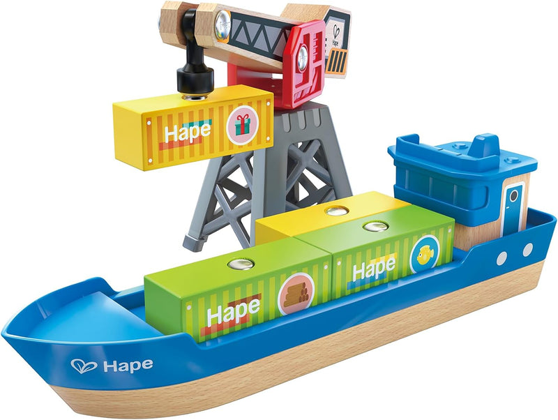 Hape Frachtschiff & Hafenkran, Eisenbahn-Set, ab 3 Jahren