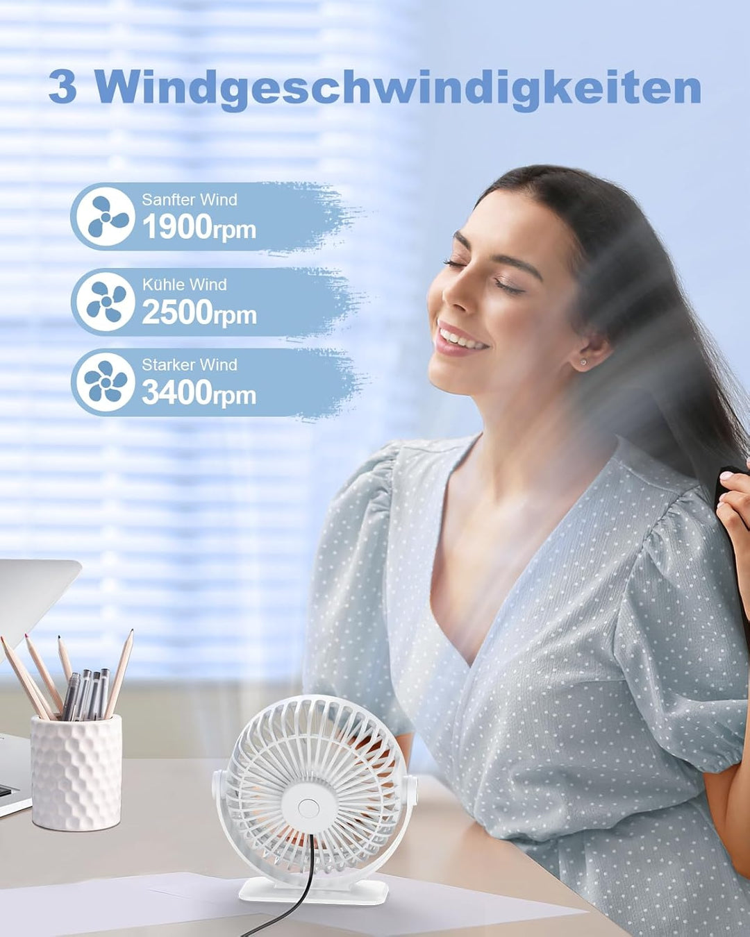 TriPole Ventilator Leiser, Mini Ventilator mit 3 Gang, USB Tischventilator Leistungsstarker Tragbare