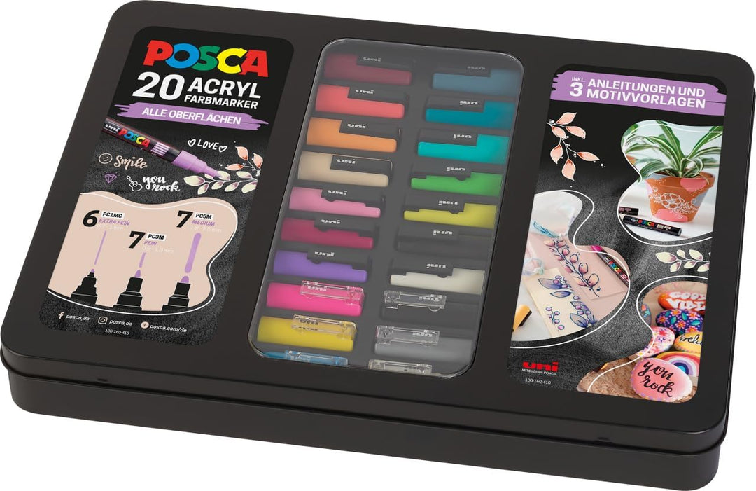 Faber-Castell uni-ball 186829 - POSCA Marker Set, 20er Etui, inkl. Anleitungen für 3 DIY Projekte 20
