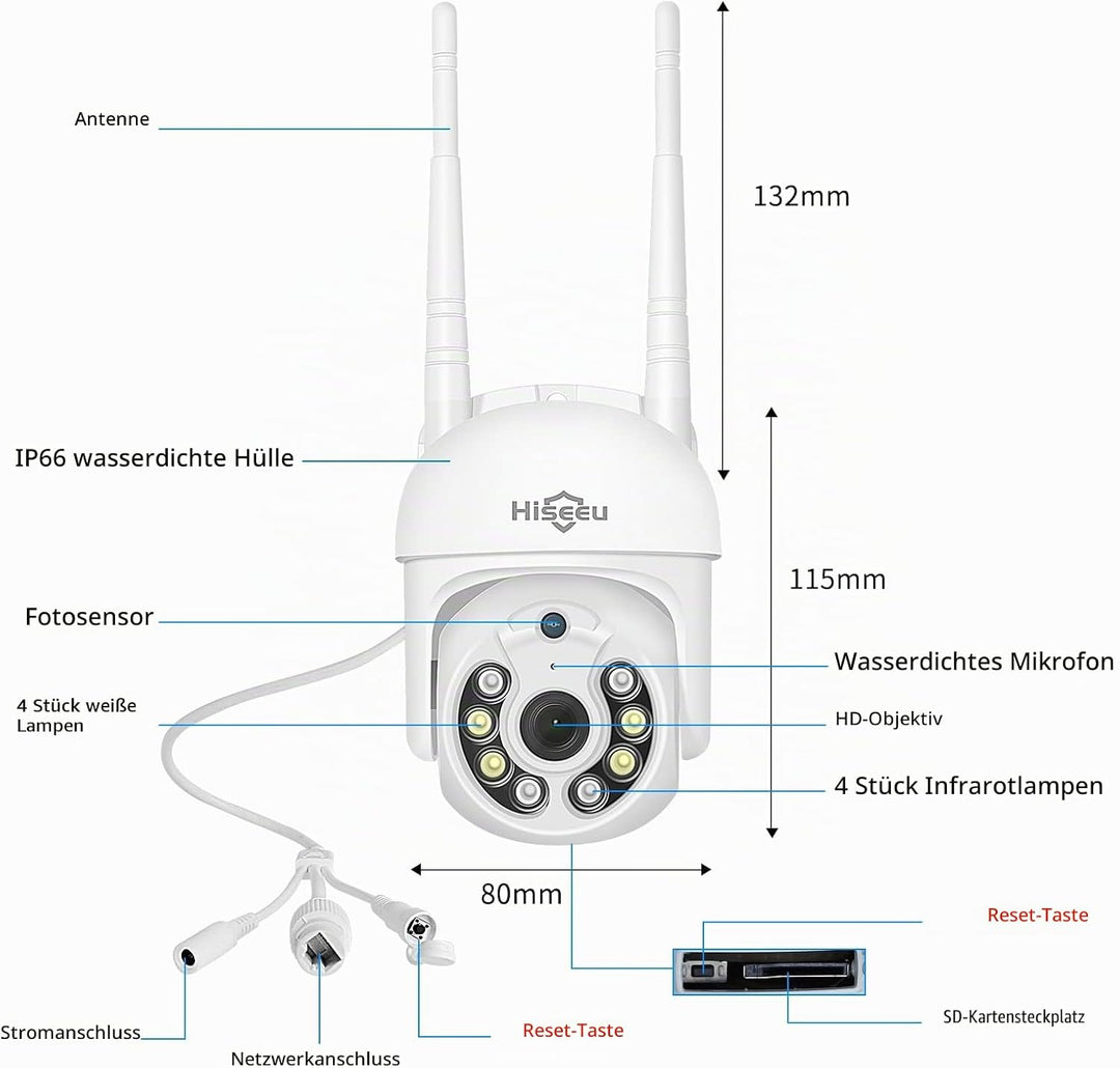 Hiseeu 5 MP Überwachungskamera Aussen-WLAN mit automatischer Verfolgung, 350°/90° schwenkbar, Farbna