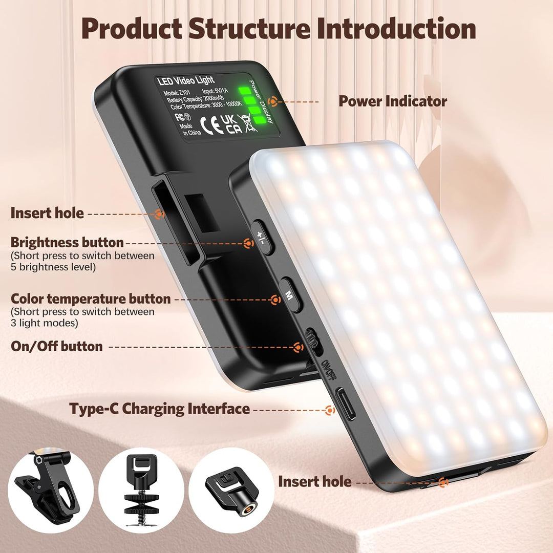 Selfie Licht Handy, 3000-10000K 3 Lichtmodi Handylicht, 2000Mah Eingebauten Akkus, CRI 95+, Selfie L