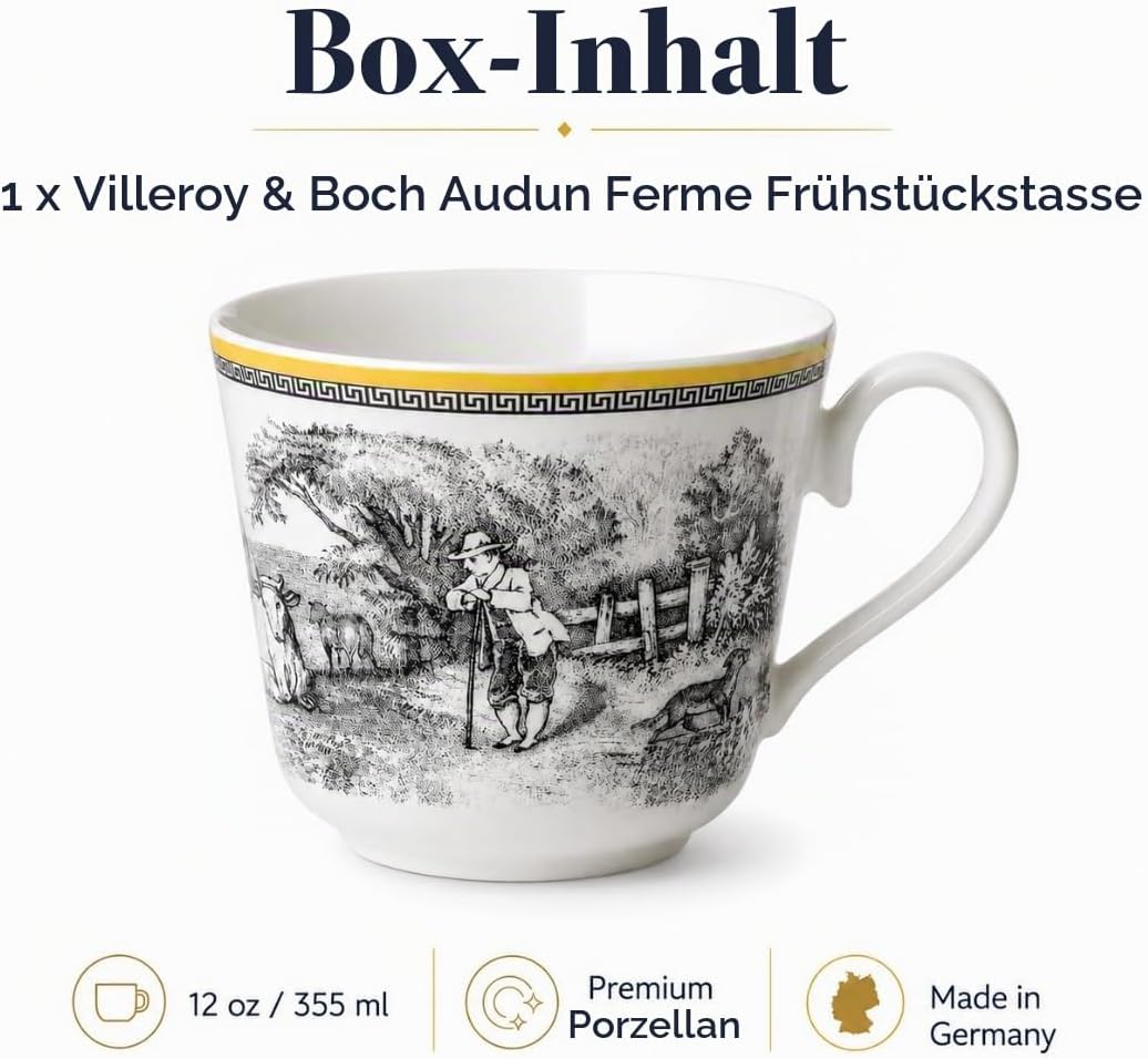 Villeroy und Boch Audun Ferme Tasse, 350 ml, Höhe: 8cm, Premium Porzellan, Weiss/Bunt Landhaus &amp; Rus