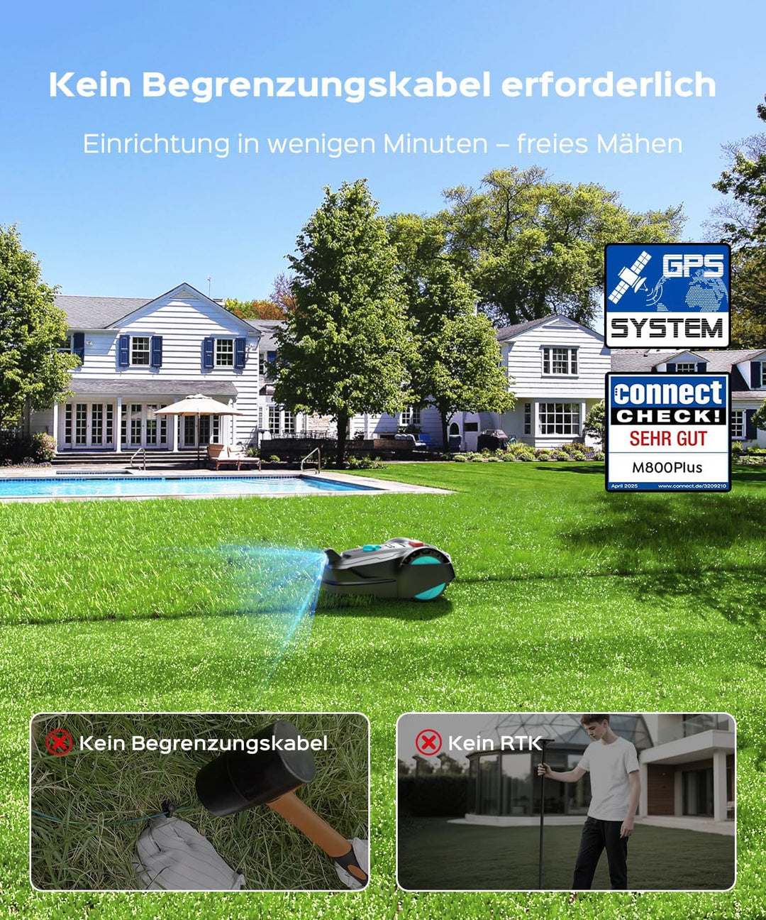 YARDCARE M800Plus Mähroboter ohne Begrenzungskabel bis 800m², U-förmiges Schneiden,GPS Positionierun