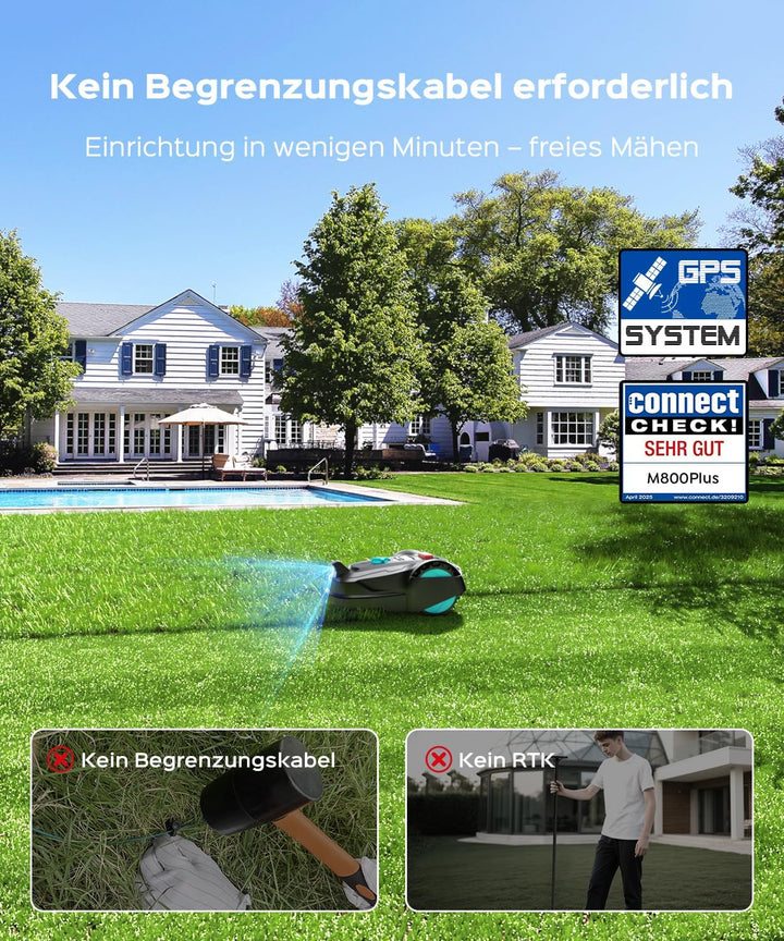 M800Plus Mähroboter ohne Begrenzungskabel,Max. 800 m²,GPS Positionierung+KI Vision,U-förmige Bahnen,