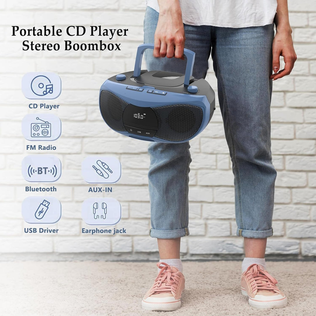 LONPOO Tragbarer CD-Player | Stereo Bluetooth Boombox | FM Radio-Drehknopf | Auto-Deckel-Öffnen-Knop