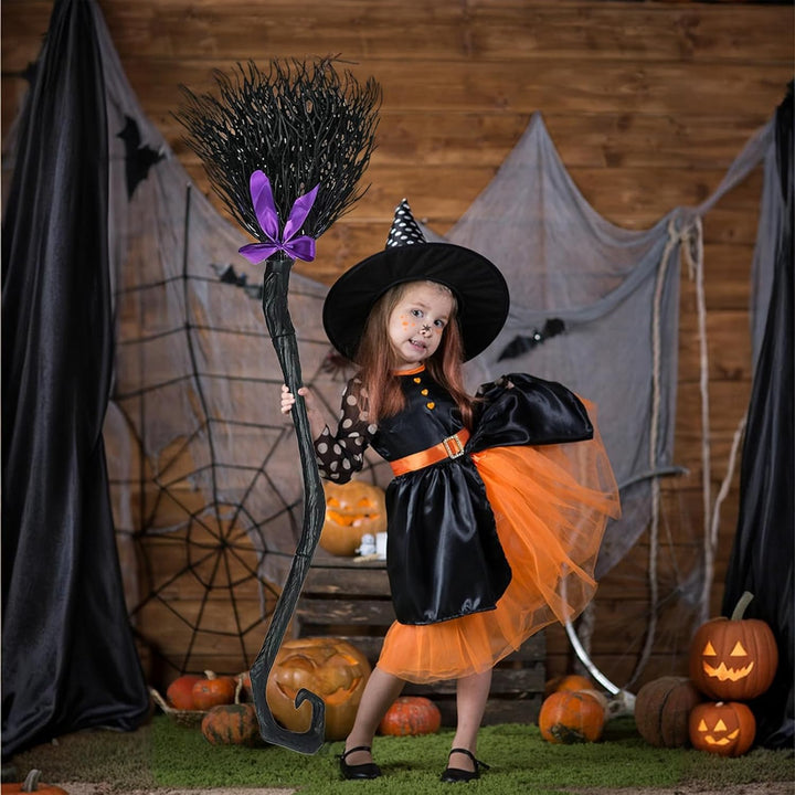 Halloween Hexenbesen, Hexenbesen Kinder mit 3 farbigen Bändern, 130cm Halloween Reisigbesen, Hexe Ma