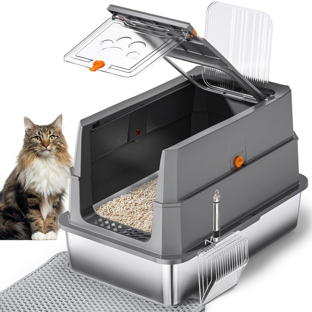 Edelstahl Katzenklo mit Deckel, 155° Klappdeckel XL Katzentoilette, Geschlossene Metall-Klobox inkl.