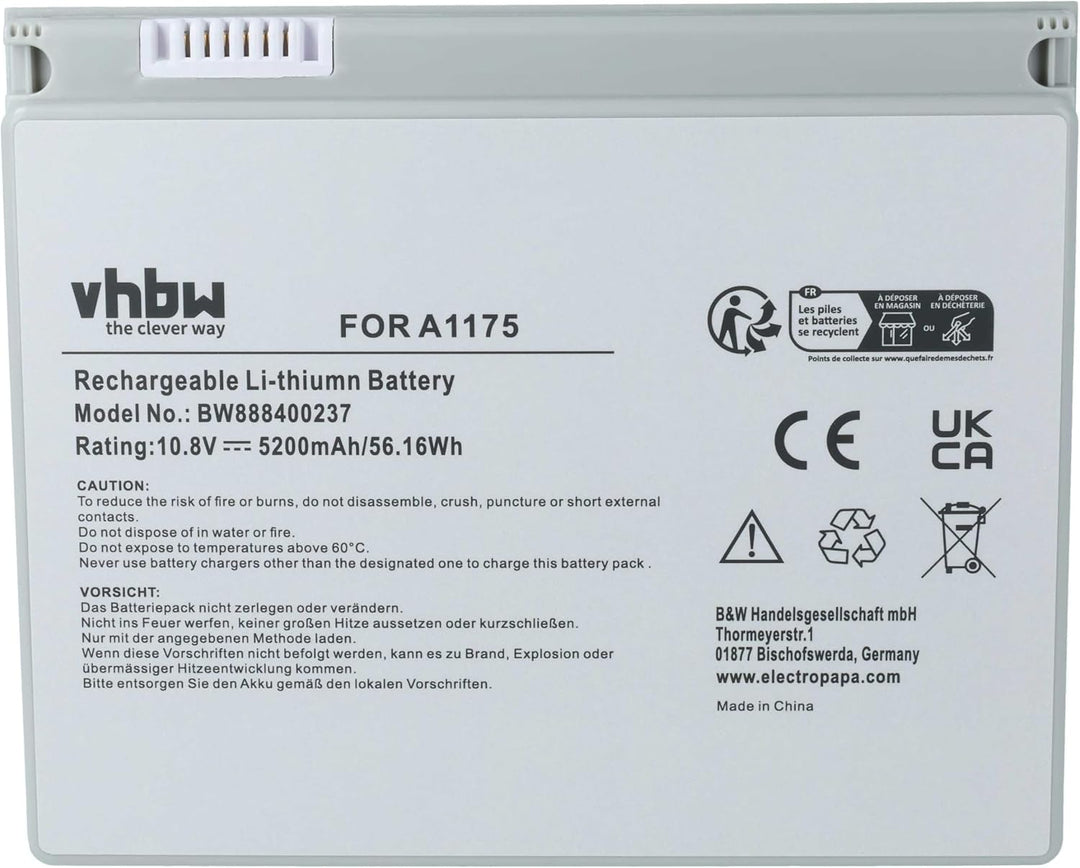 vhbw Akku kompatibel mit Apple MacBook Pro 15 MB134LL/A, 15 MB134X/A Notebook (5200mAh, 10,8V, Li-Po