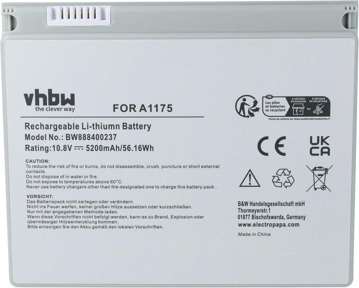 vhbw Akku kompatibel mit Apple MacBook Pro 15 MB134LL/A, 15 MB134X/A Notebook (5200mAh, 10,8V, Li-Po