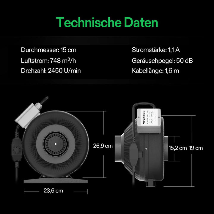 VIVOSUN 6 Zoll Inline Rohrventilator, 440 CFM Lüftungsventilator mit variabler Geschwindigkeitsregle