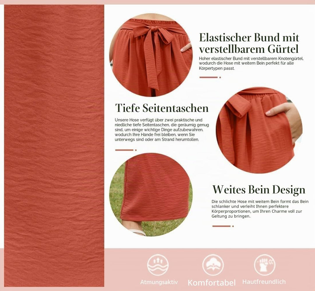 PrinStory Damen Hose Mit Weitem Bein Leichte Elastische Taille Sommer Hose Mit Taschen Kausale Arbei