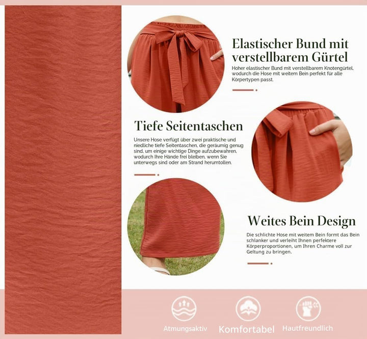 PrinStory Damen Hose Mit Weitem Bein Leichte Elastische Taille Sommer Hose Mit Taschen Kausale Arbei