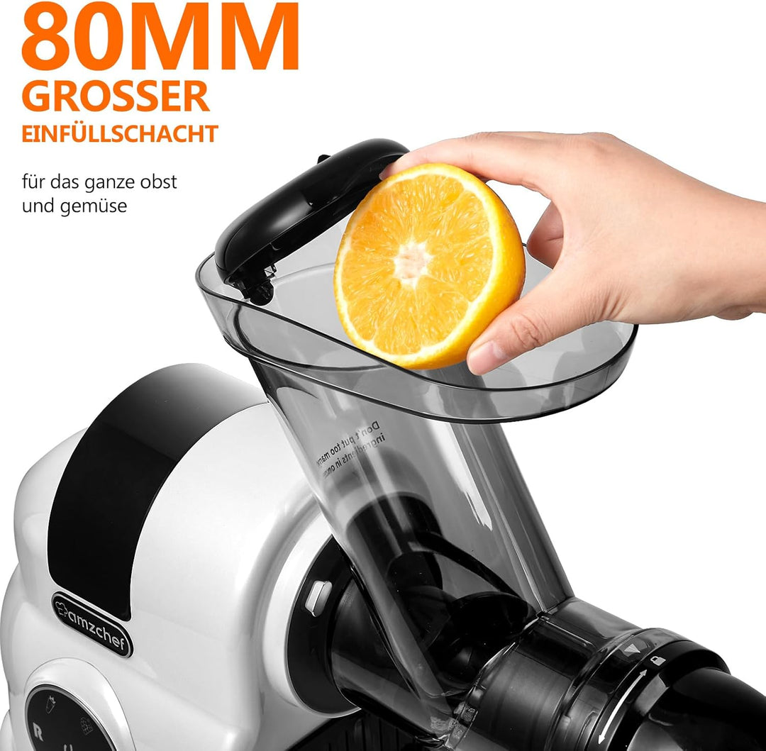 AMZCHEF Entsafter mit 80MM Grosser Einfüllschacht - 150W Entsafter Slow Juicer mit 2 Geschwindigkeit