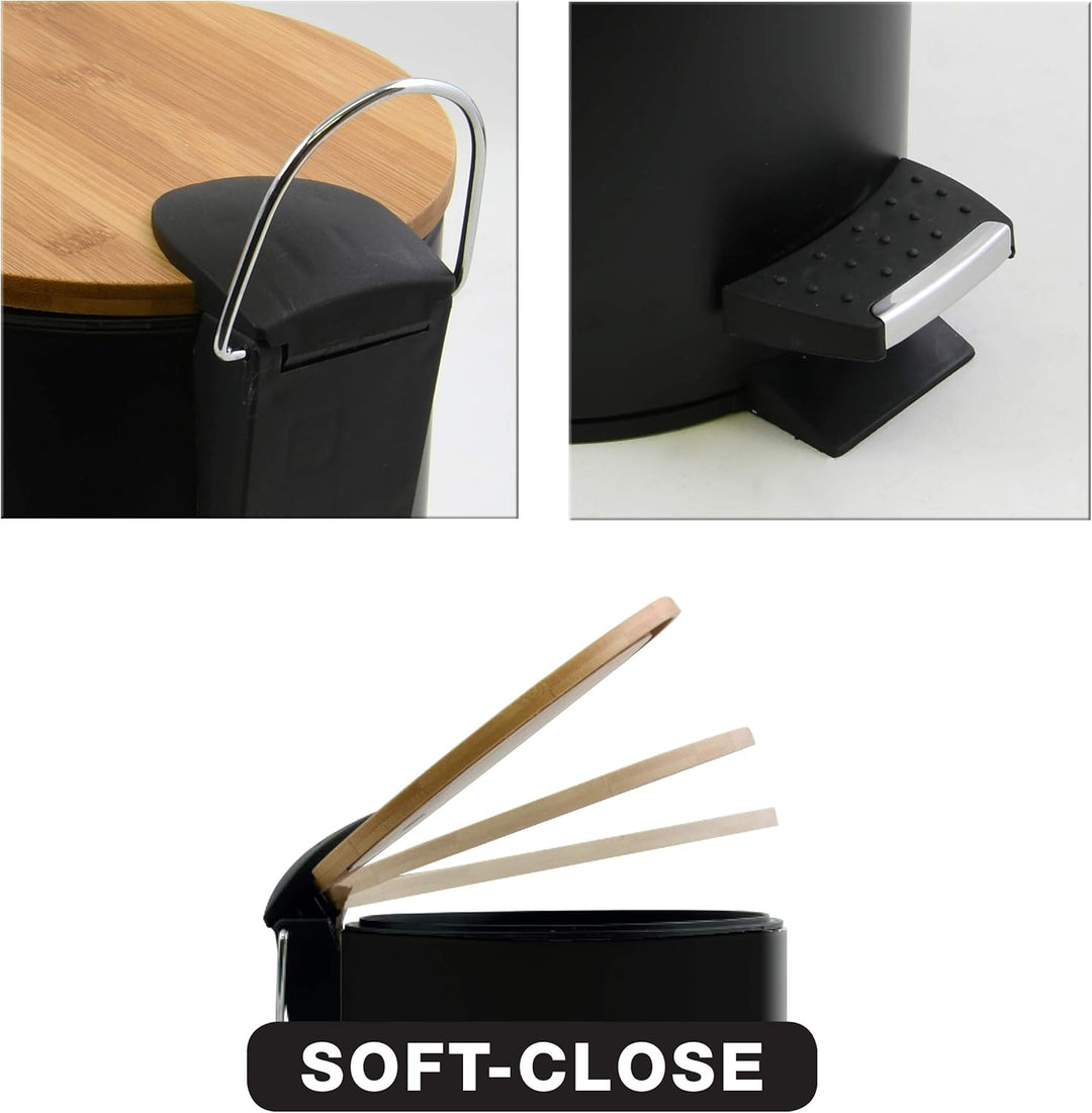 Spirella - Treteimer Adonis - Edelstahl und Bambus - Geräuschloser Deckel mit Soft-Close-Funktion -
