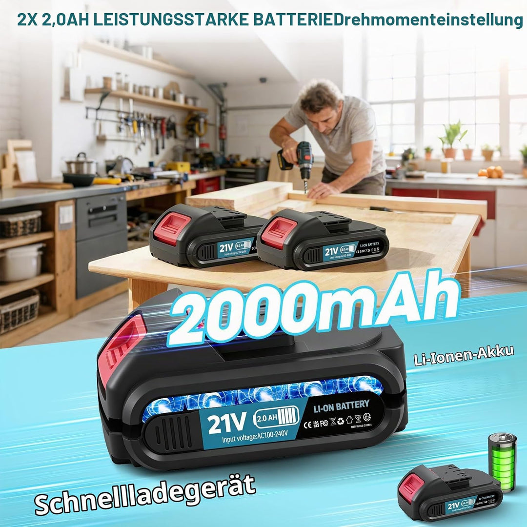 21V Akkuschrauber, Akku Bohrschrauber mit Akku 2000mAh 50Nm Drehmoment Max 25+3 Drehmomentstufen mit