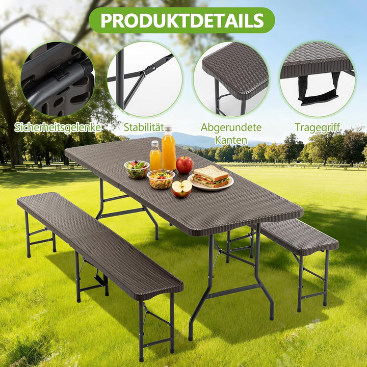 Hohuqeri Faltbarer Gartentisch mit 2 Bänken 180cm, Kunststoff Campingtisch Set Wetterfest &amp; UV-bestä
