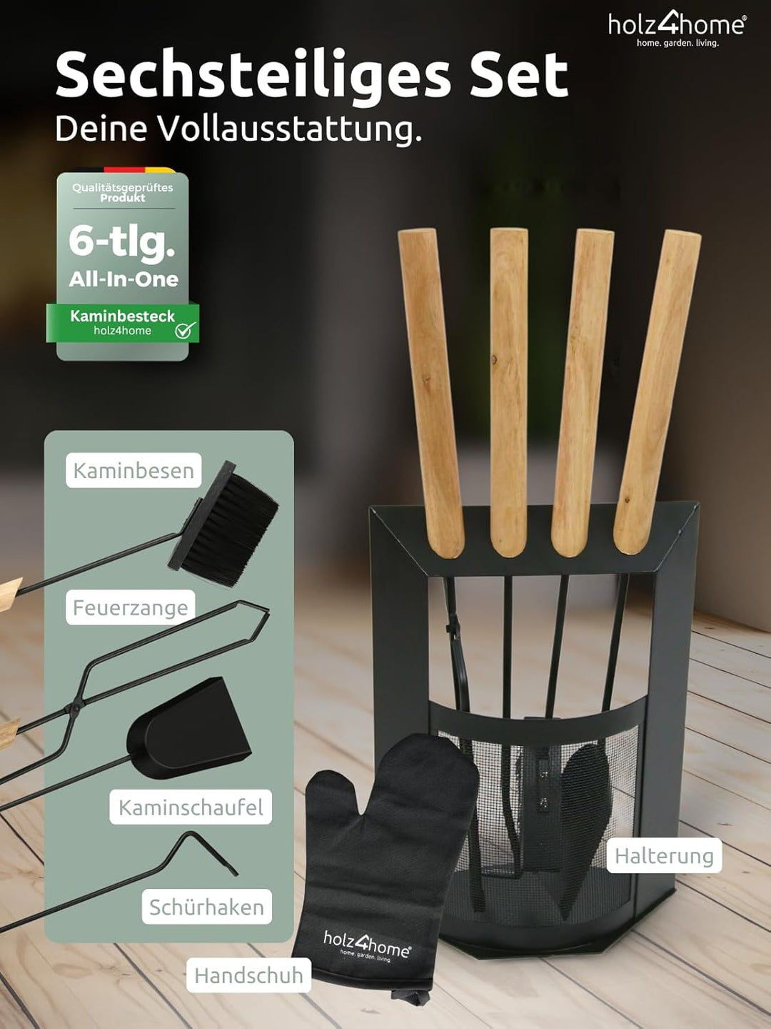 holz4home® Kaminbesteck 6-tlg. Schwarz mit Holzgriff inkl. Ofenhandschuh hitzebeständig I Kaminset K