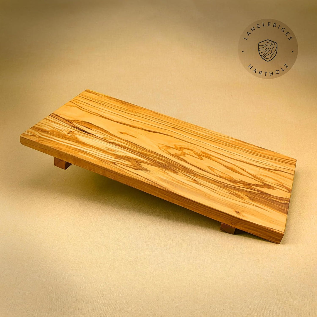 DAS OLIVENHOLZBRETT® Sushi Brett, Servier-Tablett aus Olivenholz 40cm x 20cm x 4cm, incl 1 Paar Stic