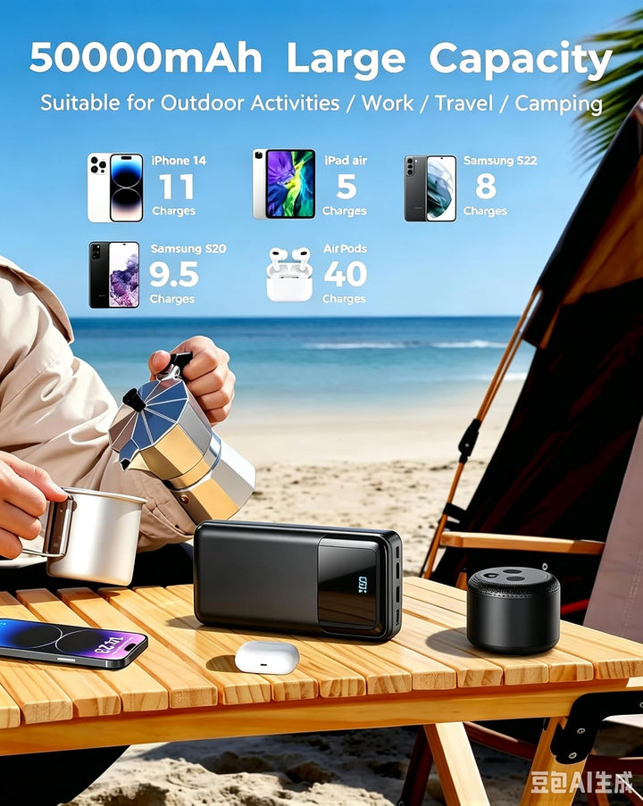 50000mAh Tragbare Powerbank, USB-C PD 30W Schnellladefunktion | 5-Port Externer Akkupack für Outdoor