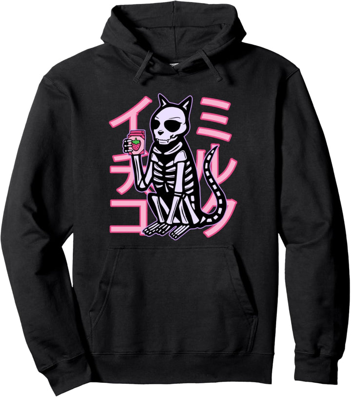 Cat Skeleton Strawberry Milk Pastel Goth Japanese Kawaii Pullover Hoodie