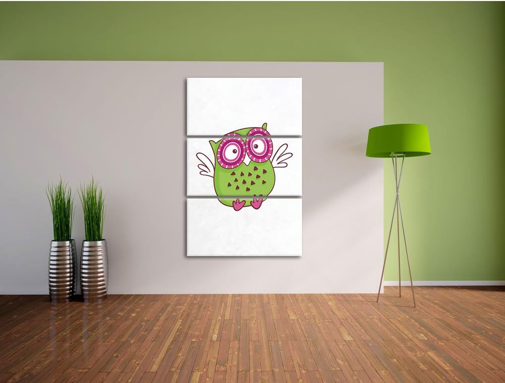 Pixxprint Lustige grüne Eule fliegend als Leinwandbild/Grösse: 3 Teilig (120x80) cm/Wandbild/Kunstdr