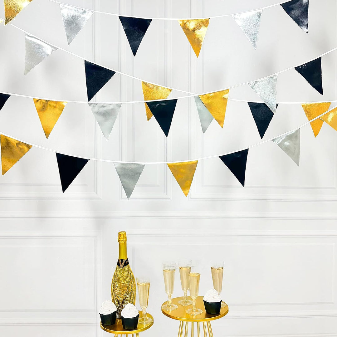 32Ft Schwarz Gold Silber Stoff Dreieck Banner Flagge Doppelseitig Metallic Holographische Wimpel Gir