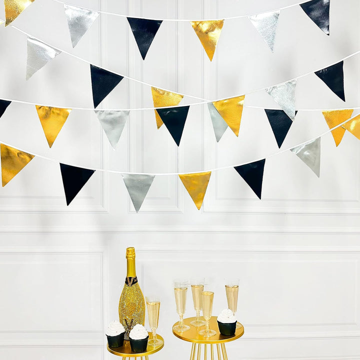 32Ft Schwarz Gold Silber Stoff Dreieck Banner Flagge Doppelseitig Metallic Holographische Wimpel Gir