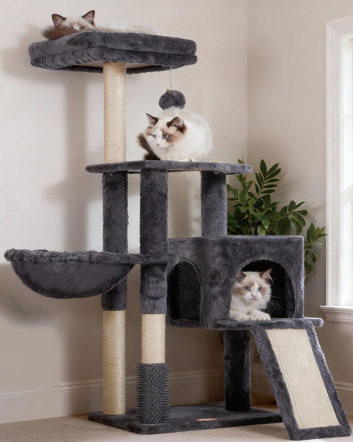 Heybly Kratzbaum mit Katzenbürste, Katzenbaum für Hauskatzen mit Gepolsterter Sitzstange aus Plüsch,