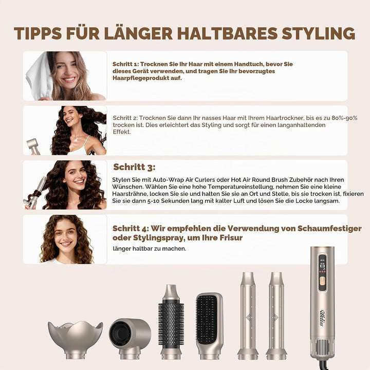 UKLISS Airstyler 6 in 1 mit LCD-Display, Hairstyler &amp; Haarstyler Set mit Hair Dryer, Rundbürstenföhn