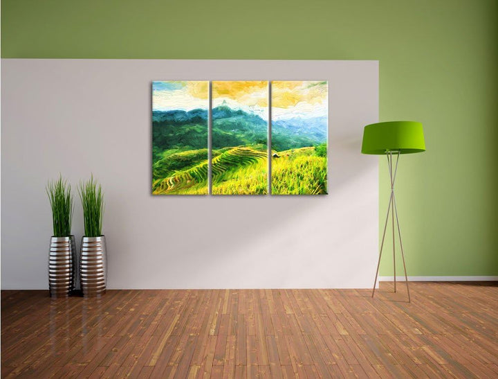 Pixxprint Reisfelder in Vietnam Kunst Pinsel Effekt 3-Teiler Leinwandbild 120x80 Bild auf Leinwand