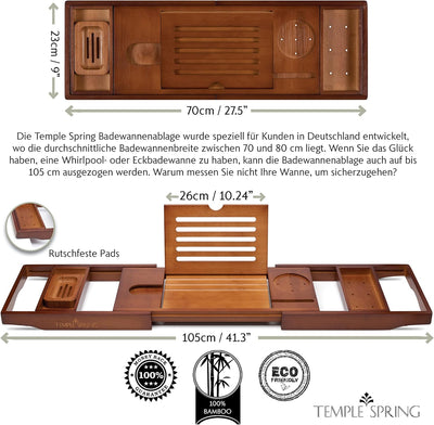 TEMPLE SPRING - Badewannenablage Bambus mit Kerzen-, Weinglas-, Buch-, Tablet-, iPad- und Telefonhal