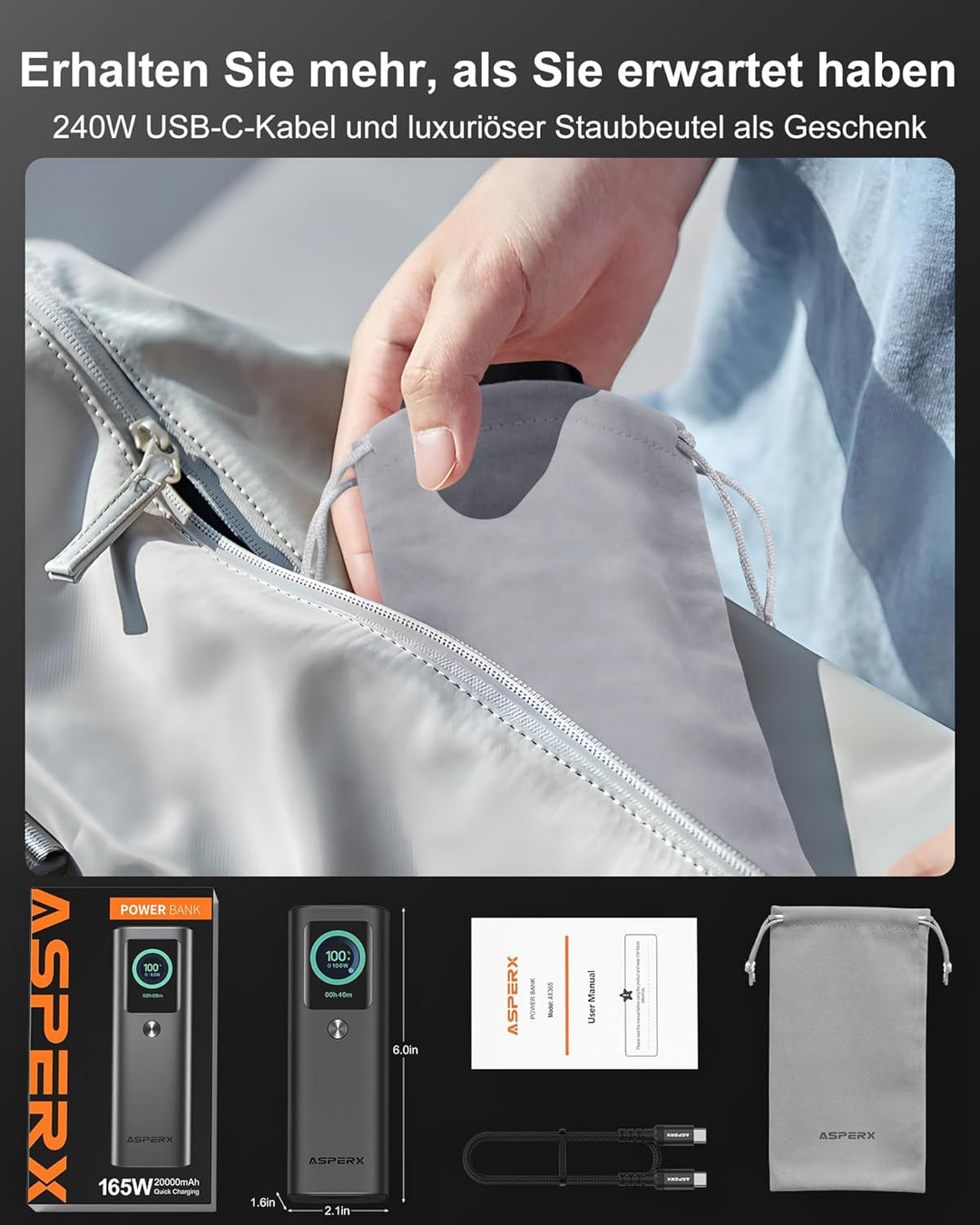 AsperX Power Bank 20000mAh-2x PD 100W Alulegierung Laptop Powerbank USB-C Schnellladung, Insgesamt 1