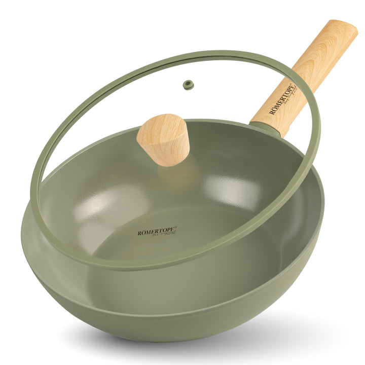 Romertopf Wok 28 cm mit Glasdeckel, 3,52 l Fassungsvermögen, Aluminium mit Keramik Antihaftbeschicht