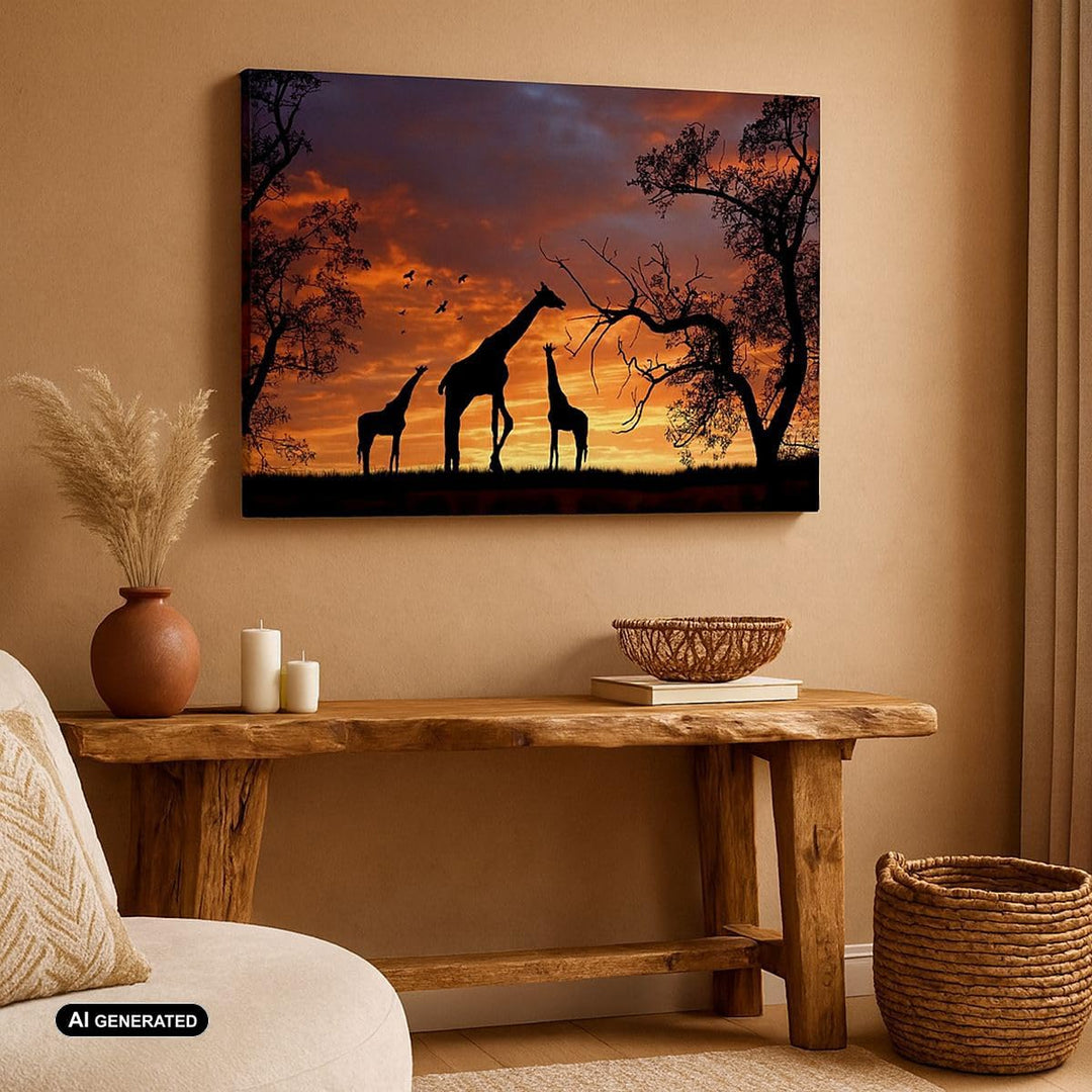 Bilder auf Leinwand 100x70cm Leinwandbild Giraffe Afrika Sonne Safari Gross Wanddeko Bild Schlafzimm