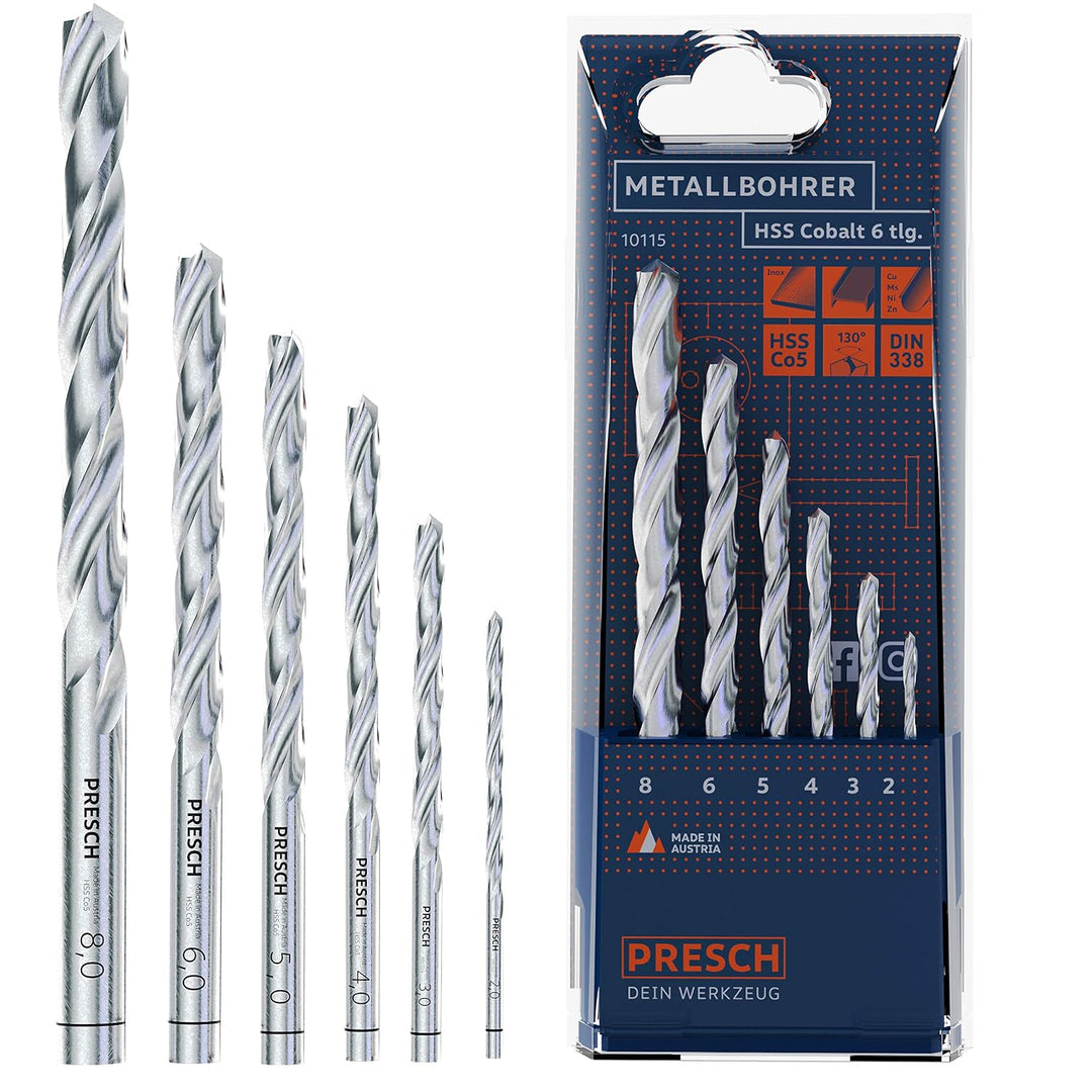 Presch Metallbohrer Set HSS Cobalt 6-tlg - Edelstahl Bohrersatz - Hochwertiges HSS Cobalt Bohrer Set