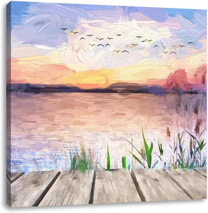 Pixxprint Sonnenuntergang am See Natur Wiese, Format: 70x70 auf Leinwand, 70x70