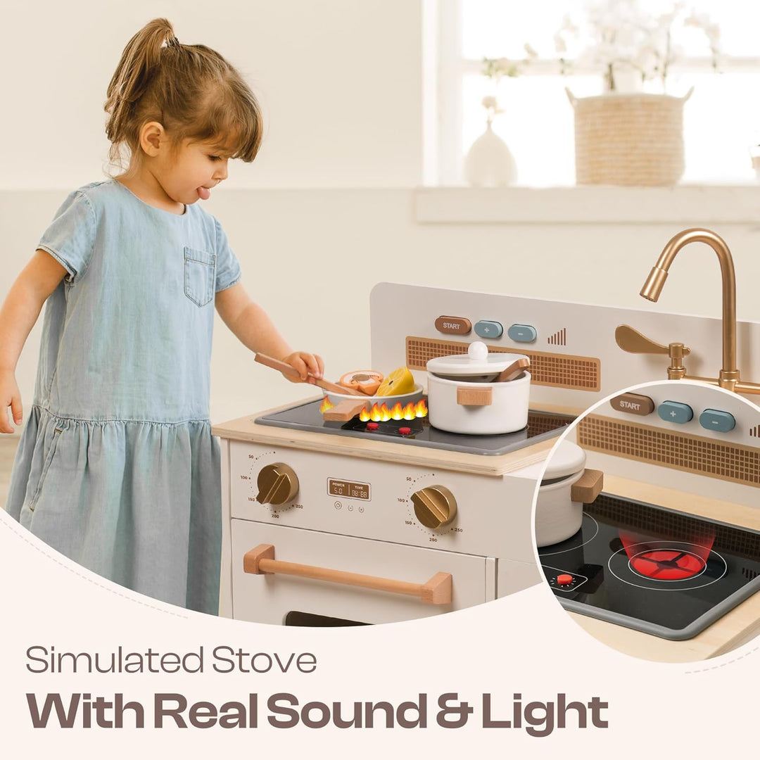ROBUD Kinderküche Holz | Montessori Spielküche mit Sound & Licht, Eiswürfelspender, Kinder Küche mit