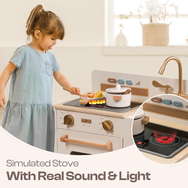 ROBUD Kinderküche Holz | Montessori Spielküche mit Sound & Licht, Eiswürfelspender, Kinder Küche mit