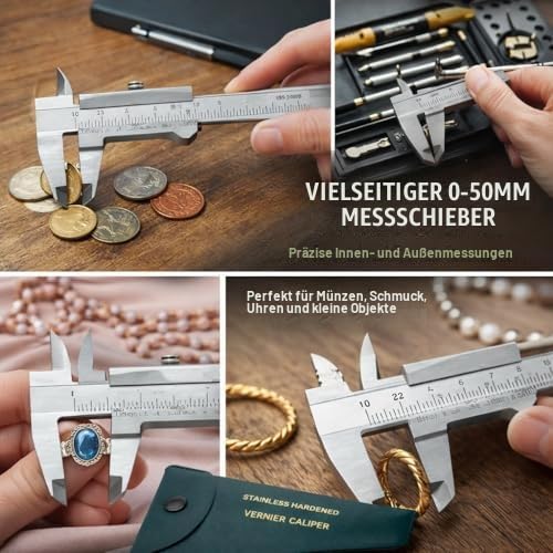 Messschieber, Tragbar, 0–50 Mm, Edelstahl, Hohe Genauigkeit, Kleines Tragbares Messwerkzeug für Heim